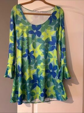 Scoop-Neck Floral Mini Dress in Blue & Green
